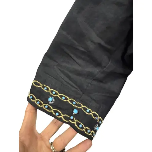 Vtg ANGEL II Black Linen Kaftan Jacket Embroidered w/ turquoise stones Women's M Size M