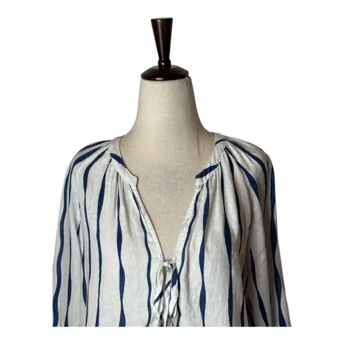 Rails Shirt Women Small White Blue Brielle Wavy Stripe Linen Blend Tie Neck Top