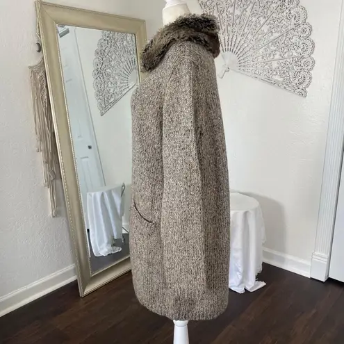 J Jill Cardigan Sweater Coat Beige Cream Faux Fur Collar Cotton Knit Duster S Brown