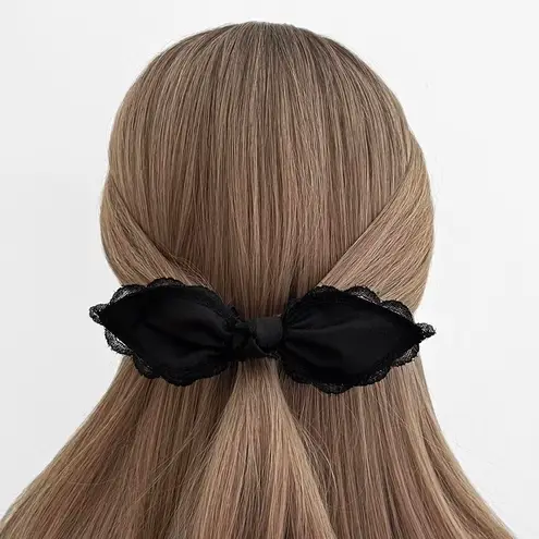 Black Linen Lace Bow Hair Tie – Cottagecore Scrunchie, Handmade Hair Accessory, Boho Chic Ponytail Holder Gift for Her, Women’s Accessories
