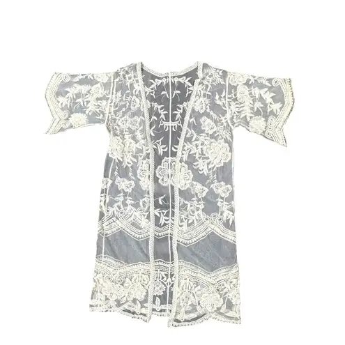 CCC Sheer Ivory Floral Embroidered Long Kimono Cardigan Cover Up Poncho Shawl OS Yellow Size undefined