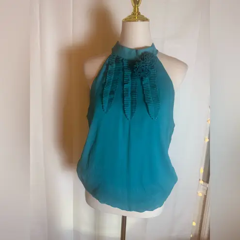 Chime Women’s XL Teal Halter Blouse with Pleated Ribbon & Floral Detail Green