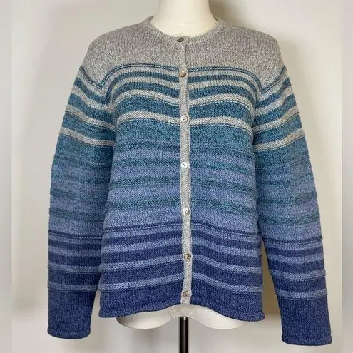 L.L.Bean Cardigan Cotton Blue Gray Ombré Textured Knit Women’s Size Large Petite