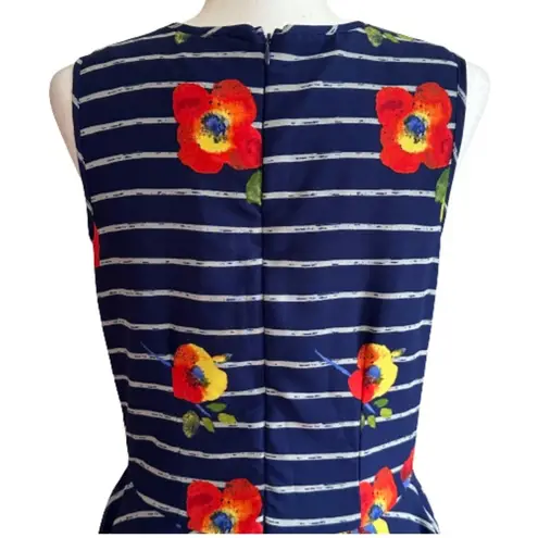 Maison Jules Dress Blue Red Floral Striped Sleeveless Skater Fit & Flare Medium