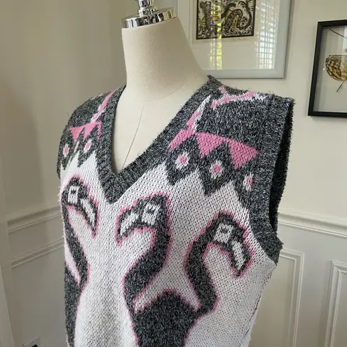 Vintage 80s Jolie Flamingo Pink Grey White Sweater Vest M Size M