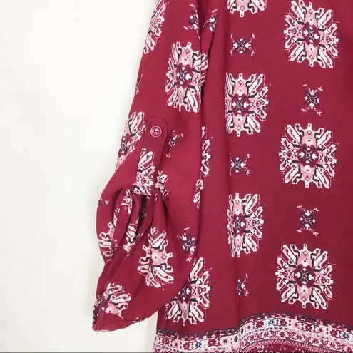 Pink republic  Top Womens Medium Sheer Floral Boho Roll Tab Sleeve Relaxed Modest