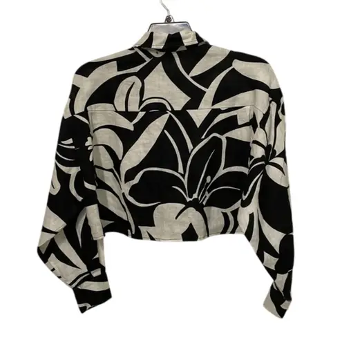 Magaschoni Black & White Floral Linen Cropped Jacket Top Womens Size Small Boxy