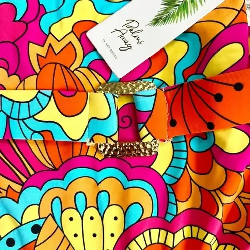 Palms Away Belted One Piece Swimsuit Vibrant Abstract Floral Print Size XS Blue