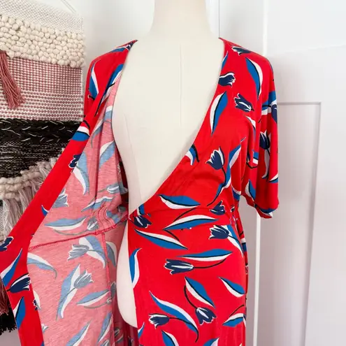 Whistles Tulip Floral Wrap Maxi Dress Red Sz 4 Short Sleeve Stretch Jersey