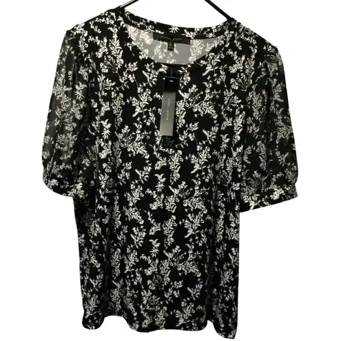 Cynthia Steffe Top XL Black White Floral Sheer Puff Sleeve Blouse New with Tags