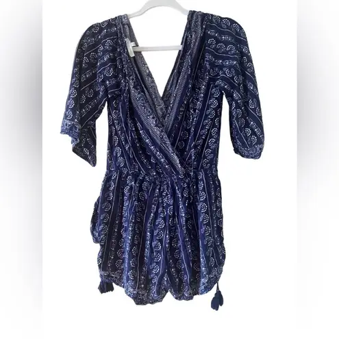 Skies Are Blue Navy Blue Paisley Pattern Wrap Romper with Tassel Tie Size Small