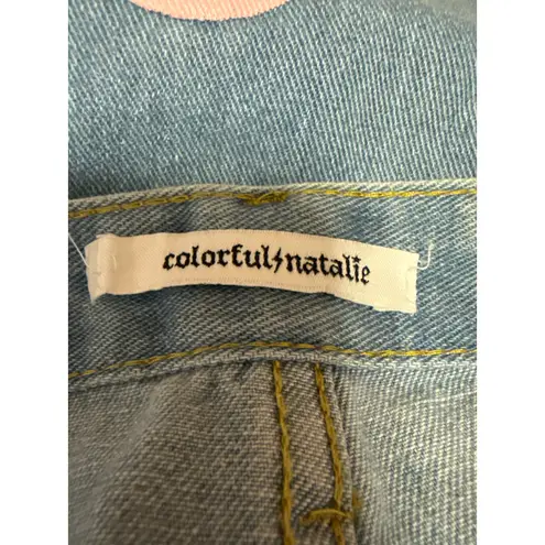 Colorful Natalie Blue Pink Hearts High Waisted Baggy Wide Leg Denim Jeans Size L Size L