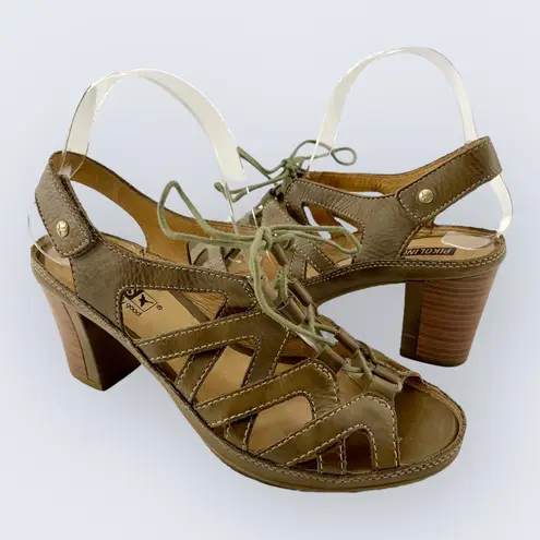 Pikolinos Java Tan Brown Strappy Lace Up 3" Stacked Block Heel Sandal 38 7.5