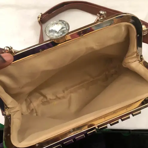 Brown leather shoulder hand bag purse crossbody gold tone accents, crystal rhinestones, kiss lock faux diamond closure