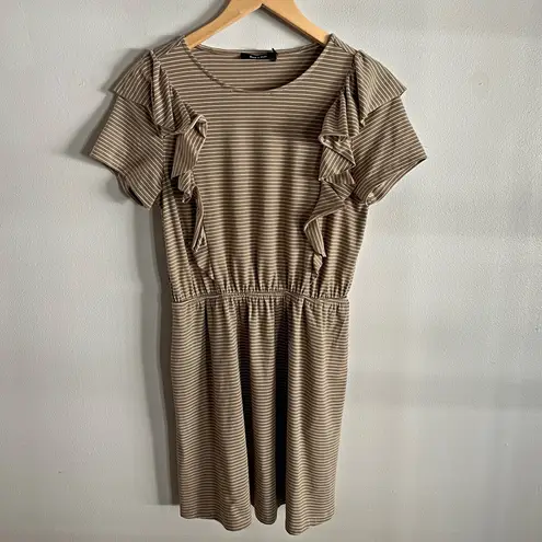 Doe & Rae Striped Ruffle Sleeve Mini Dress Tan White Short Sleeve Pockets S