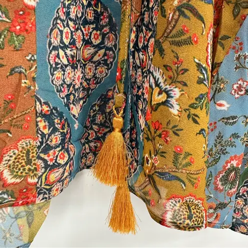 Sachin + Babi Anthro Boho Mixed Print Ruffle Trim Blouse Ties Tassels size XS
