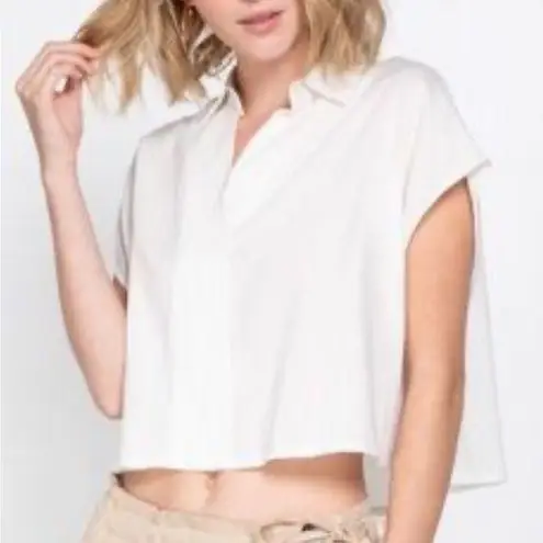White Cap Sleeve Polo Collar Crop Top Size M
