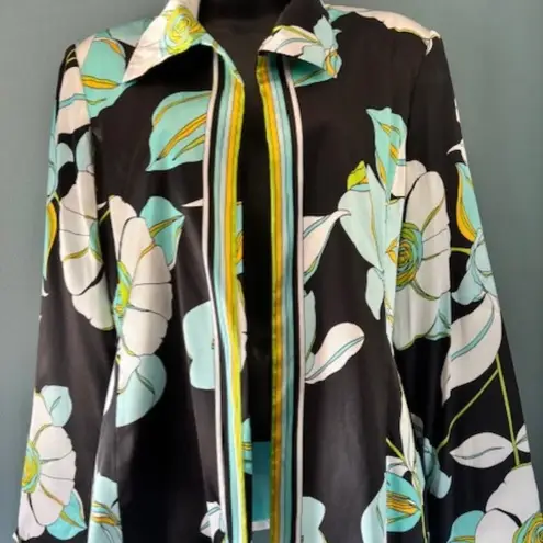 Russell Scott Silk Jacket 10 Black White Floral Open Front Collared Statement Blue