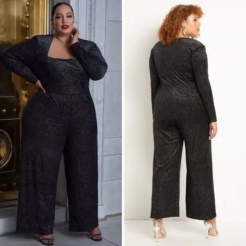 Eloquii NEW black Strong Shoulder Velvet Jumpsuit glitter , 16
