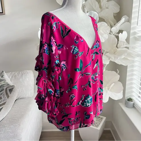 Tanya Taylor Hot Pink Velvet Floral Ruffle Women's Top