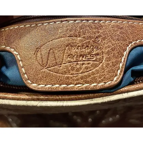 Way West Vintage Concealed Carry Crystal Studded Tooled Lined Security Purse Bag Brown