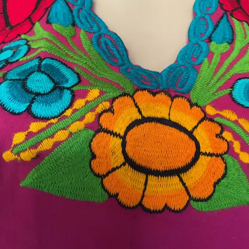 Blouse Pink Artisanal Floral Top Embroidered Mexican from Chiapas Folk Art Blue Size M
