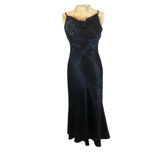 Alex Evenings Y2K navy beaded slip cowl neck floral satin formal Gown small