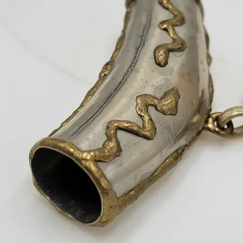 Vintage Tribal Pendant Brass Silver Gray Stone Snake Motif Artisan Chunky