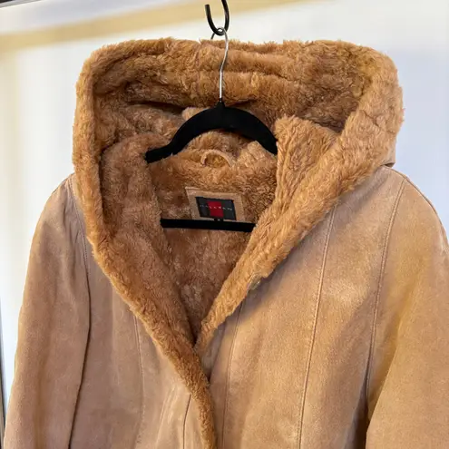 Vintage Leather Pennylane Coat Faux Fur Trim Longline Winter Heavy Hooded Medium Tan