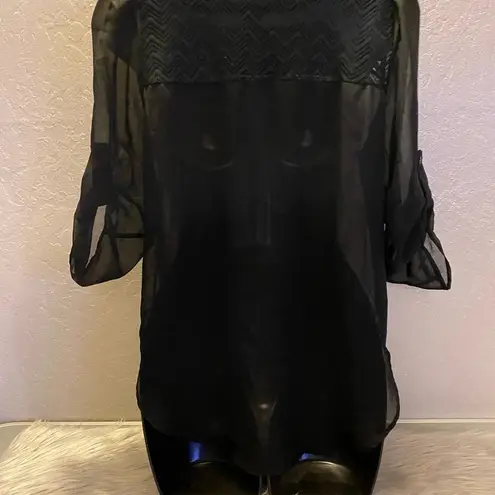 American Dream Women's XS Sheer Black 3/4 Sleeve Blouse Lace Chevron Tunic Top
