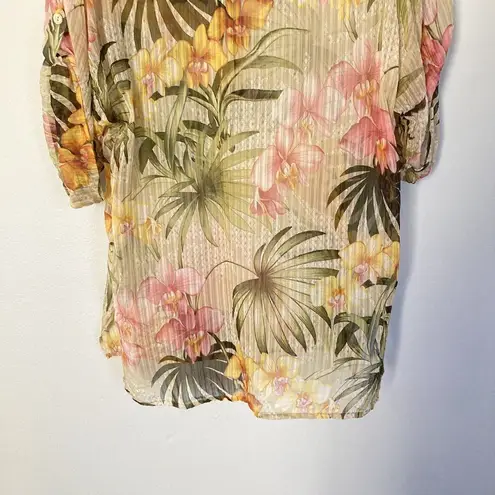 Tommy Bahama  Top Women Small Sheer Tropical Floral Print Popover Roll Tab Sleeve