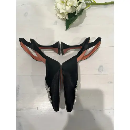 Black Satin Slingback Heels Crystal Embellished Pumps Party Evening Occasion Size 8