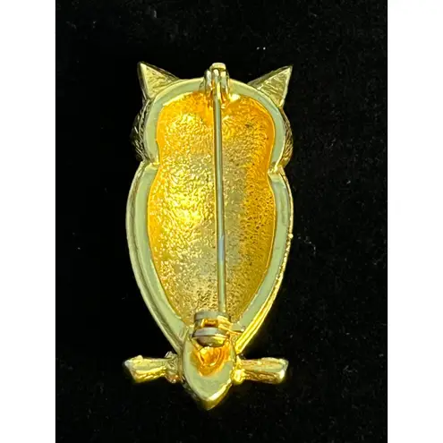 Vintage Owl Brooch Black & Gold Clear Rhinestone Eyes Whimsigoth Witchy