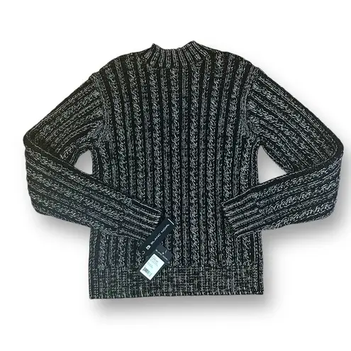 Blanc Noir® Lurex Cable Knit Sweater Size Large Black Silver Crew Neck NEW