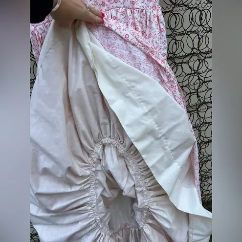 Vintage 70s Red Floral with Lace Trim Cotton Prairie Maxi Dress Gunne Style S/M White