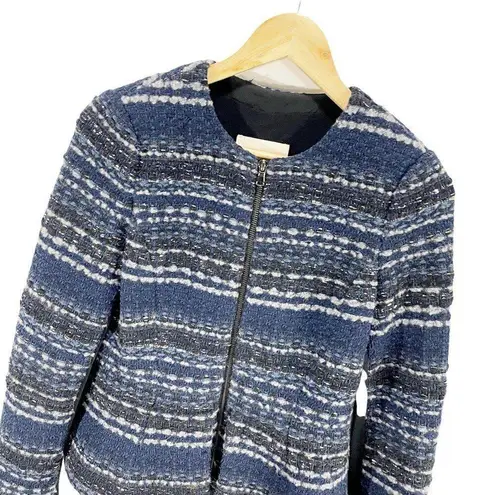 Rebecca Taylor Womens Tweed Jacket Blue White Striped Full Front Zip Crew Neck 2