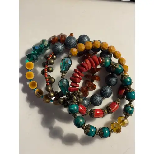 Colorful Multicolor Beaded Elastic Bracelet Set With Turquoise Red Amber & Yello
