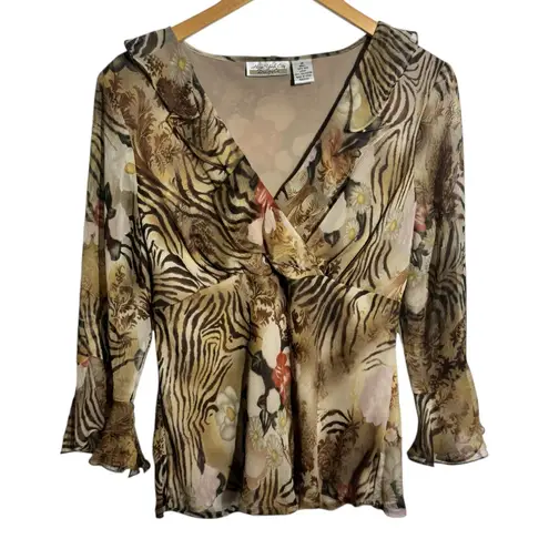 Vintage 90s Y2K Silk Babydoll Top Women M Brown Zebra Floral Bratz Going Out Size M