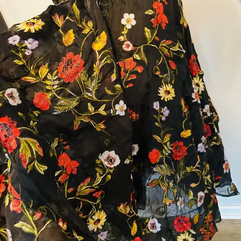 Oscar de la Renta Black Floral Hand Embroidered Tulle Beaded Midi Dress Size 6