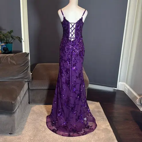 Women’s Purple Mermaid Fit Prom Party Dress Sparkly Sequins Lace Up Back Size 4