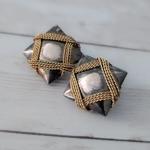 Vintage Clip On Earrings Dark Metal & Gold Tone Statement