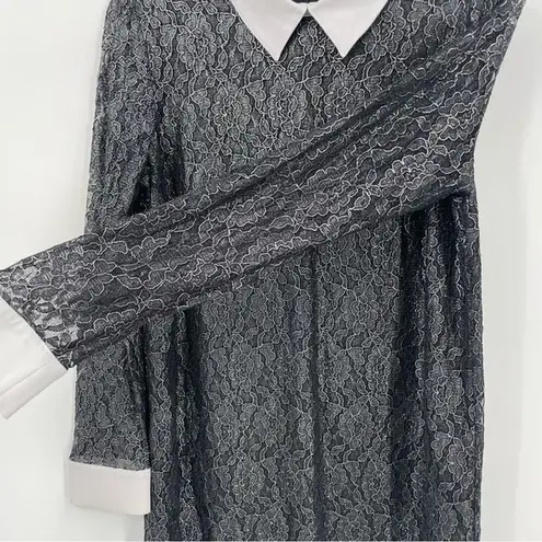 Michael Kors Floral Silver Metallic Lace Shift Shirt Mini Dress Size 12 Black