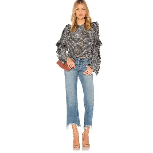 MISA Los Angeles Navy White Marled Karine Fringe Frayed Cropped Sweater Small