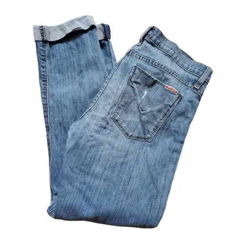 Hudson Jeans Women 29 Nico Midrise Straight Leg Distressed Crop Rolled Cuff Pant Blue