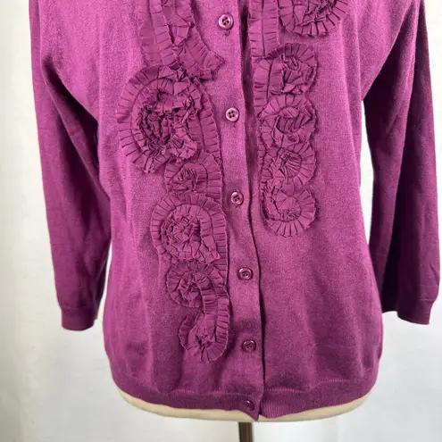 Garnet Hill Silk Merino Wool Cashmere Ruffle Cardigan Boho Women Medium Purple