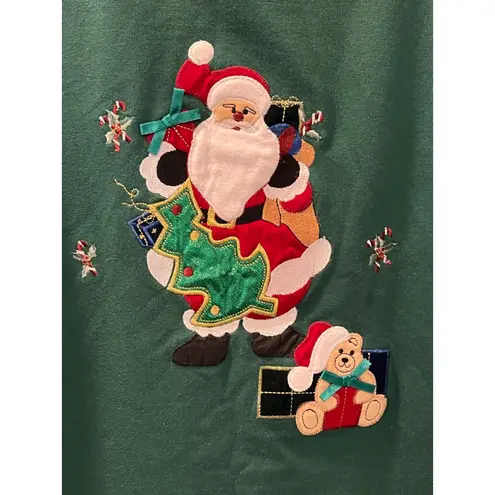 Vintage 90s Bobbie Brooks Christmas Sweater Size Med Embroidered Santa Holiday Green