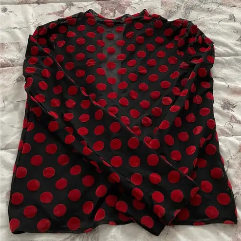 ZARA  Trafaluc red dots black sheer open front boho long sleeve blouse, size S