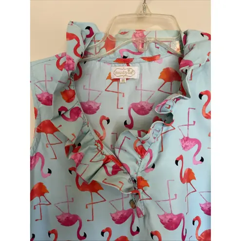 Mud Pie Blue Ruffle Pink Flamingo Bird Sleeveless Tank Top Blouse Shirt Medium