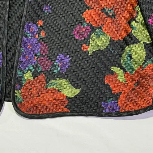 Chicos Design 100% Silk Woven Jacket Floral Print Black Red Green Purple Size 1
