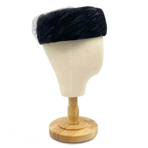 Vintage 1950s Coralie Feathered Pillbox Hat Black Velour with Veil & Rhinestones